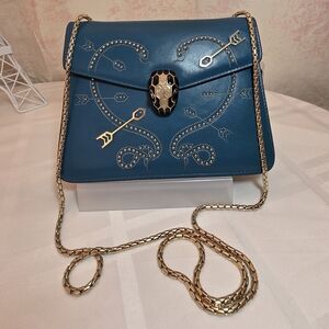 Rare BVLGARI 2018 Serpenti Forever "Pop Heart" Cupids Arrow Teal Bag